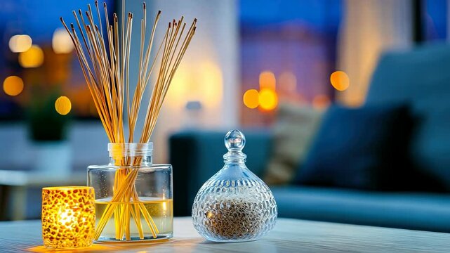 Enjoy the soothing atmosphere with a diffuser and candle on a table in a cozy living room setting during the evening