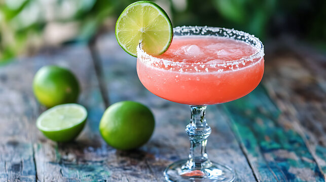 A  strawberry margarita cocktail in a stemmed glass with a salted rim, garnished with a lime wedge