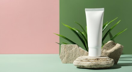 Minimalist skincare tube displayed on a stone with green and pink background
