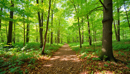 Obraz premium Lush green forest pathway surrounded by vibrant foliage, nature's beauty