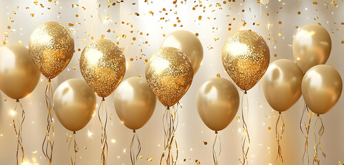 A celebration background filled with golden balloons, confetti, and party streamers, creating a festive mood.
