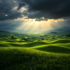 Obraz premium Magnificent Sunrise Over Verdant Rice Terraces in a Misty Mountain Landscape