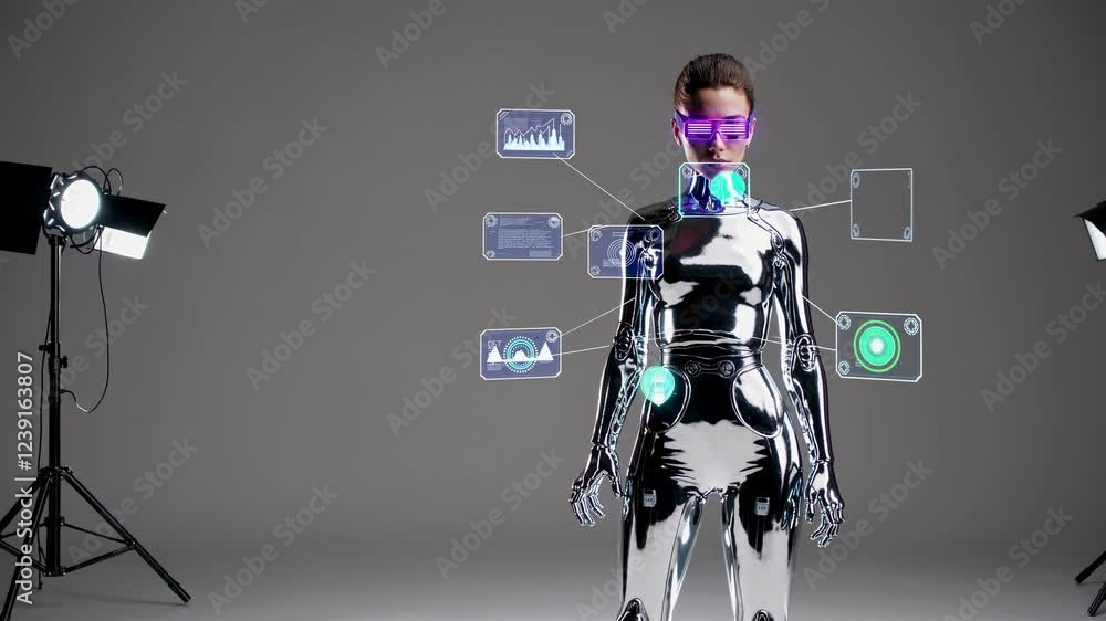 Poster chrome female robot or gynoid with pink glasses is standing in a gray photo studio with two spotligh