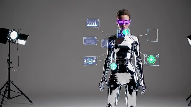 Chrome female robot or gynoid with pink glasses is standing in a gray photo studio with two spotlights, displaying holographic data and futuristic user interface