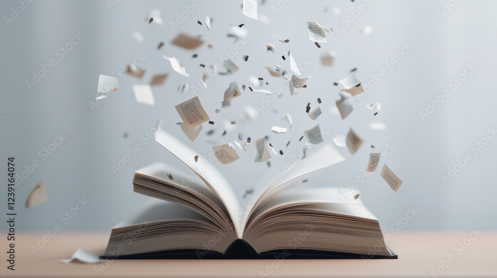Poster dramatic reveal of hidden secrets through the pages of an open book with floating text elements