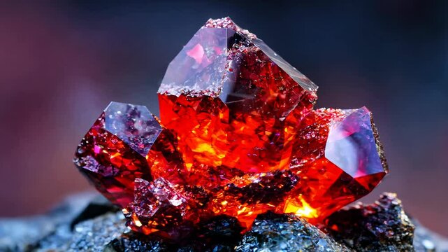 Close up view of two vibrant red spinel gemstones on dark gray rock. The crystals exhibit intense color and sparkle under dramatic lighting