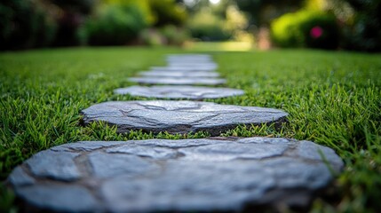 A pathway made of square stone slabs,