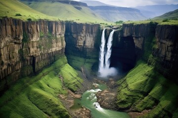 Lesotho's Maletsunyane Falls: A majestic waterfall dropping into river amidst scenic green landscape & canyons. Breathtaking views of nature's splendor