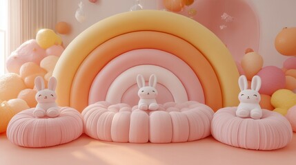 Pastel bunnies pose on rainbow set, balloons float, studio