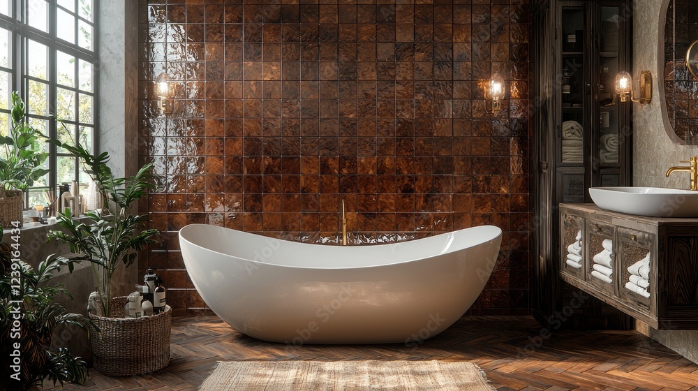 Poster a serene and sophisticated bathroom features a sleek freestanding tub set against a backdrop of rich