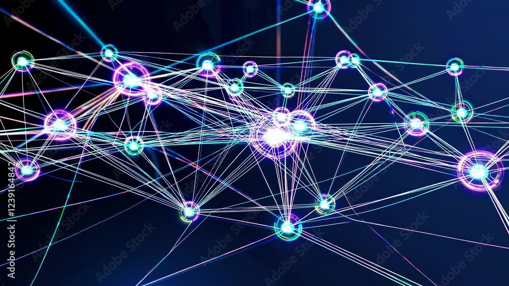 Poster complex network of interconnected nodes exchanging data through vibrant, colorful lines, creating a 
