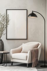 Cozy reading nook featuring a light armchair, stylish floor lamp, minimalist side table, and a blank wall ready for artwork. Ideal for interior design inspiration.