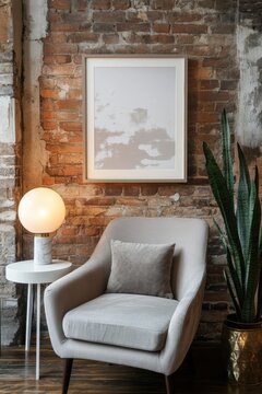 Fototapeta Cozy reading nook featuring a modern gray armchair, decorative pillow, side table with lamp, leafy plant, and minimalist wall art in a rustic brick interior.