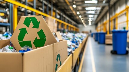 Recycling station in a spacious warehouse with cardboard boxes and blue bins filled with plastic waste