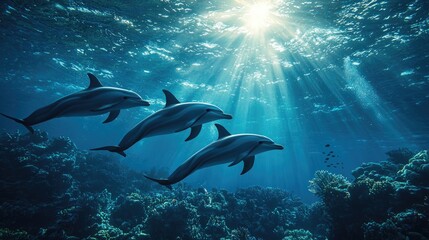 Fototapeta premium Majestic Dolphins Grace the Ocean's Depths, Sunlight Beams Illuminate Underwater Paradise