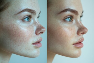 Obraz premium A side-by-side comparison of skin before and after using antioxidants, showcasing improved texture and glow in a beauty-focused setting, copy space background
