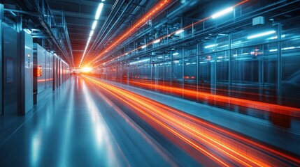 Futuristic corridor with glowing light trails, showcasing advanced technology in a modern setting