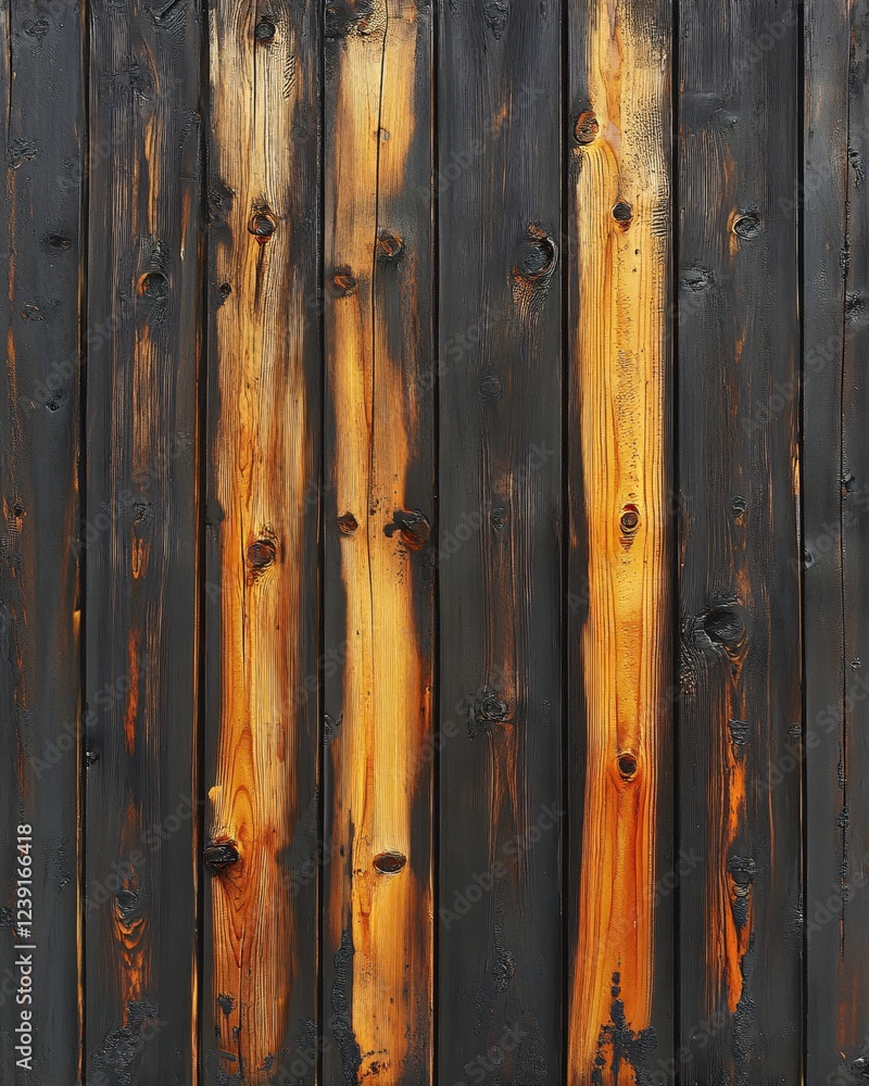 Poster charred wood planks with visible grain and knots creating a rustic and textured backdrop