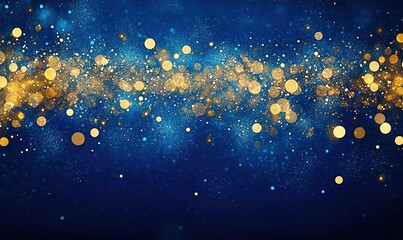 Naklejka premium A background of blue and gold glitter, bokeh lights, sparkles, stars, dots, and shimmering particles. 