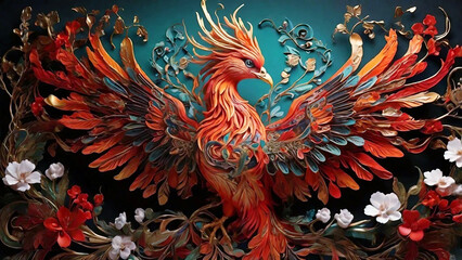 Fototapeta premium Rise of the Phoenix: A Majestic Asian-Inspired Design of Fire and Elegance
