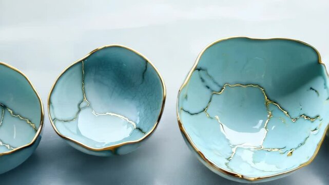 Elegant blue porcelain Kintsugi bowls on display with golden accents in minimalist setting