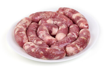 Raw Chopped Meat Sausages Isolated on White Background.