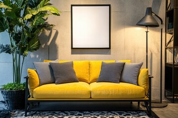 Cozy urban living room featuring a vibrant yellow sofa, decorative pillows, a chic floor lamp, potted plants, and a blank wall canvas for personalized decor.