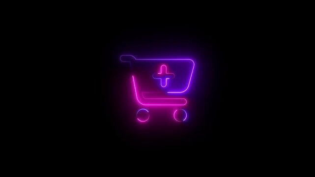 Cart plus symbol icon animation neon glow on black background