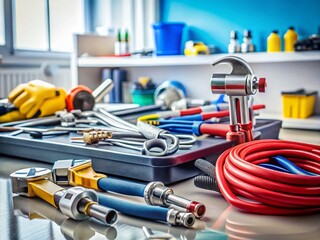 Fototapeta premium Plumber's Toolkit on White Table with Long Exposure