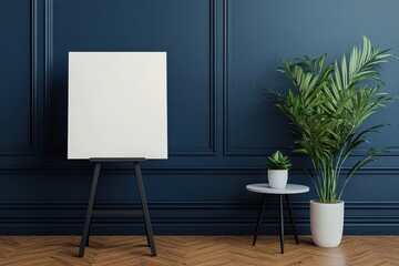 Empty canvas on an easel beside a modern side table with potted plants against a deep blue wall in a minimalist interior space. Perfect for art showcases.