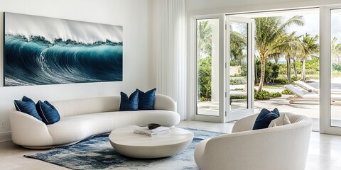 A coastal living room with white walls, blue accents, and large canvas art on the wall depicting waves in shades of turquoise and navy. 
