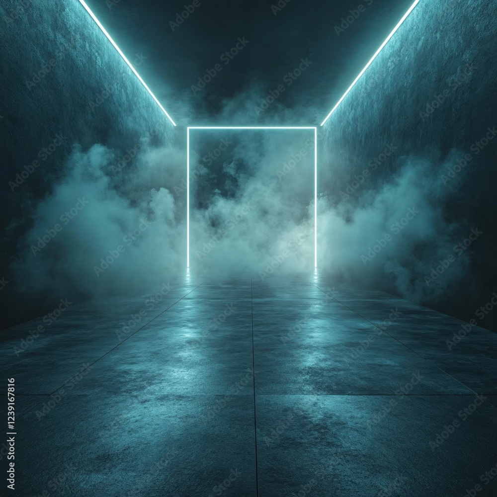 Poster abstract glowing rectangle in a dark room with smoke creating a mysterious atmosphere