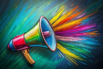 Pop Art Megaphone Announcement: Vibrant Crayon & Chalk Drawing