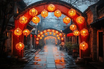 Obraz premium Illuminated Alleyway Adorned With Traditional Chinese Lanterns