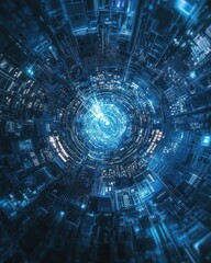 Fototapeta premium Glowing digital tunnel leading to light center, tech concept for futuristic communication or data transfer