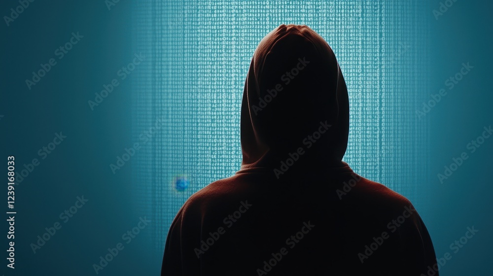 Poster mysterious figure in hoodie accessing digital data in a cyber environment with encoded information d