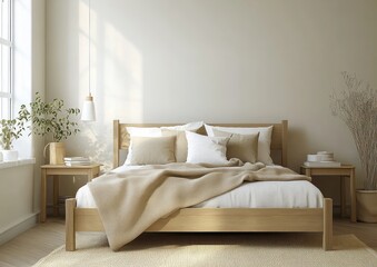 Minimalist Scandinavian Style Toddler Bedroom with Wooden Bed Beige Blanket Natural Lighting