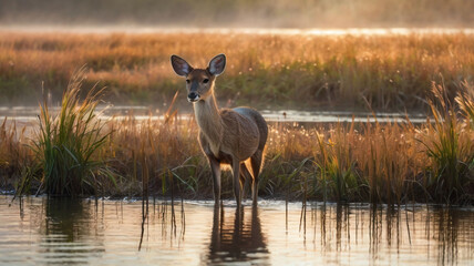  A delicate and unique Water Deer standing gracefully near the edge of a tranquil wetland at dawn ai