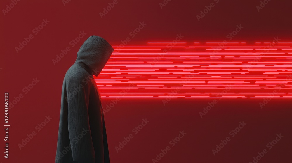 Poster mysterious figure in hooded cloak against a vibrant red background with abstract light patterns symb