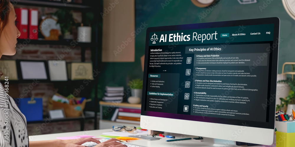 Poster ai ethics responsibility standard law and rules on computer screen provide report of ai ethic transp