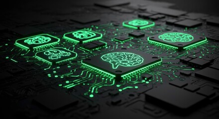 Digital Intelligence: A close-up shot of an intricate circuit board with glowing brain icons, representing the core of advanced technology and artificial intelligence.