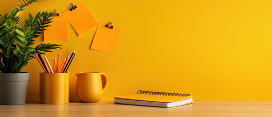 desk setup with yellow notes and stationery on wooden surface