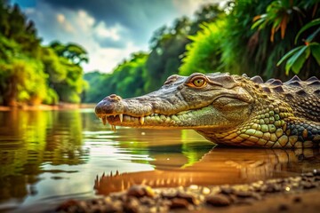 Fototapeta premium Powerful Crocodile Stalking Prey at Riverbank - Wildlife Photography