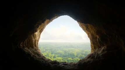 The Dark Entrance of a Cave Reveals a Lush Green Landscape Bathed in Soft Natural Light