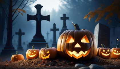 halloween pumpkins on the graveyard