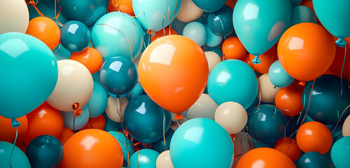 A lively and colorful birthday scene featuring turquoise, orange, and blue balloons, creating a cheerful festive backdrop.