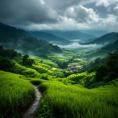 Naklejka premium Magnificent Sunrise Over Verdant Rice Terraces in a Misty Mountain Landscape