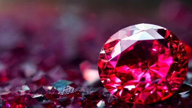 Close up view of a vibrant red spinel gemstone resting on a bed of smaller red crystals. The main stone is brilliantly faceted, showcasing its intense color