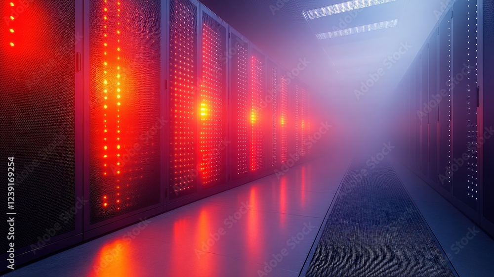 Poster futuristic data center illuminated by red lights, showcasing server racks in a misty environment