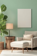Modern living room setup featuring a cozy armchair, ottoman, ambient lamp, potted plant, and blank canvas for artwork display, ideal for home decor inspiration.